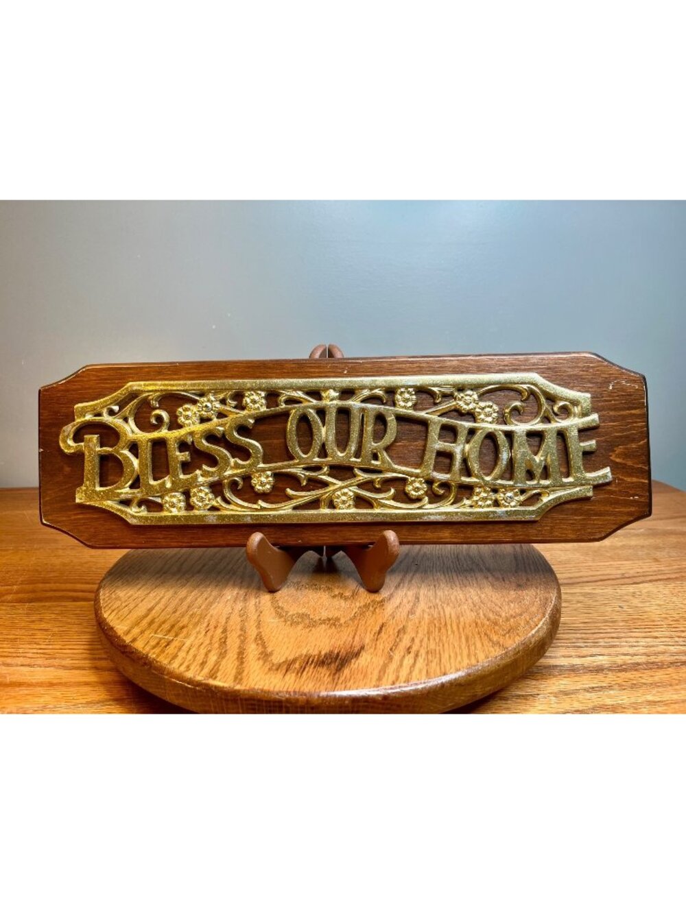 Vintage Brass on Wood "Bless Our Home" Wall Hang (17" x 5 3/8")